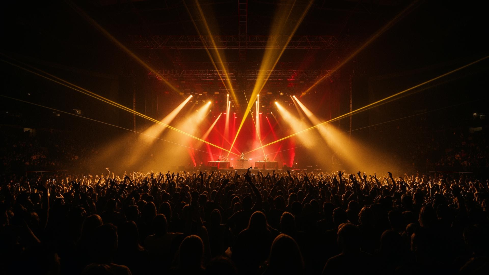 Stadium concert under amber stage lighting